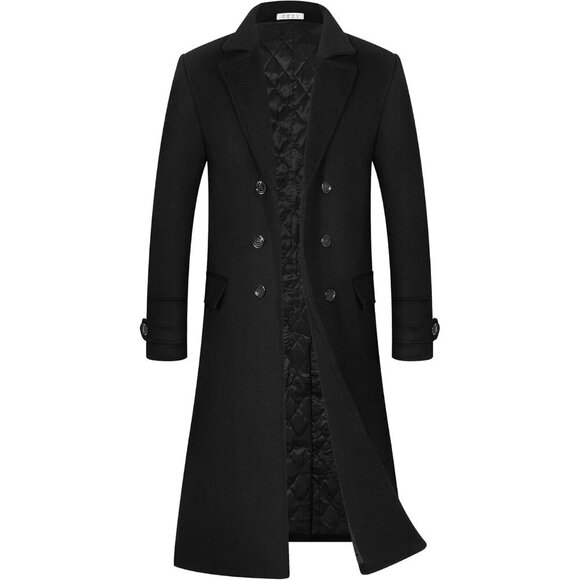 Men' Black Luxury Full Length Trench Coat Long Wool Overcoat Winter Windbreaker